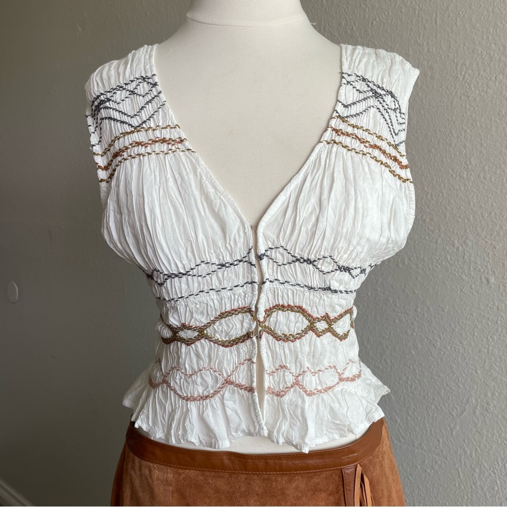 Free People White Cotton Embroidered Peasant Top